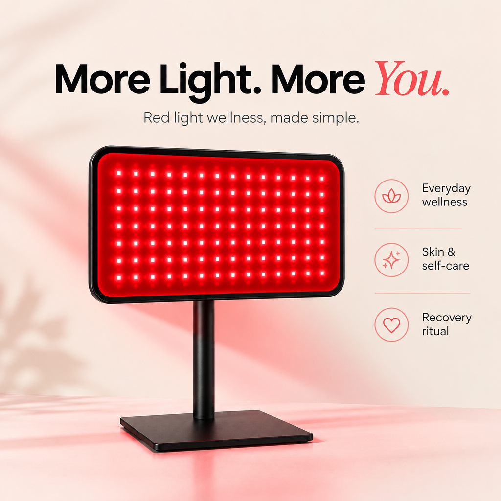 RedGlow red light therapy panel on a black stand, shown with promotional text and icons for wellness, skin and self-care, and recovery ritual on a soft pink background.